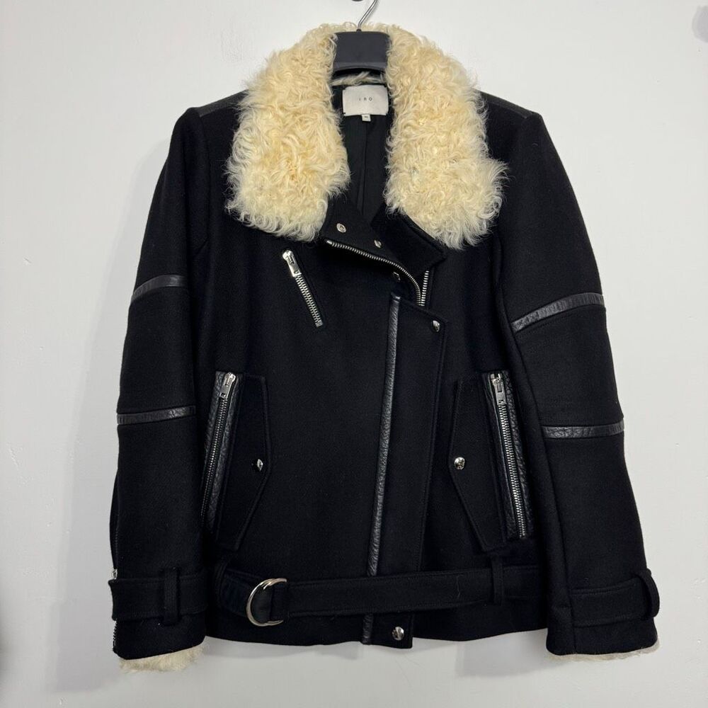 IRO Dantsy Wool Shearling Black Moto Jacket 40/8
